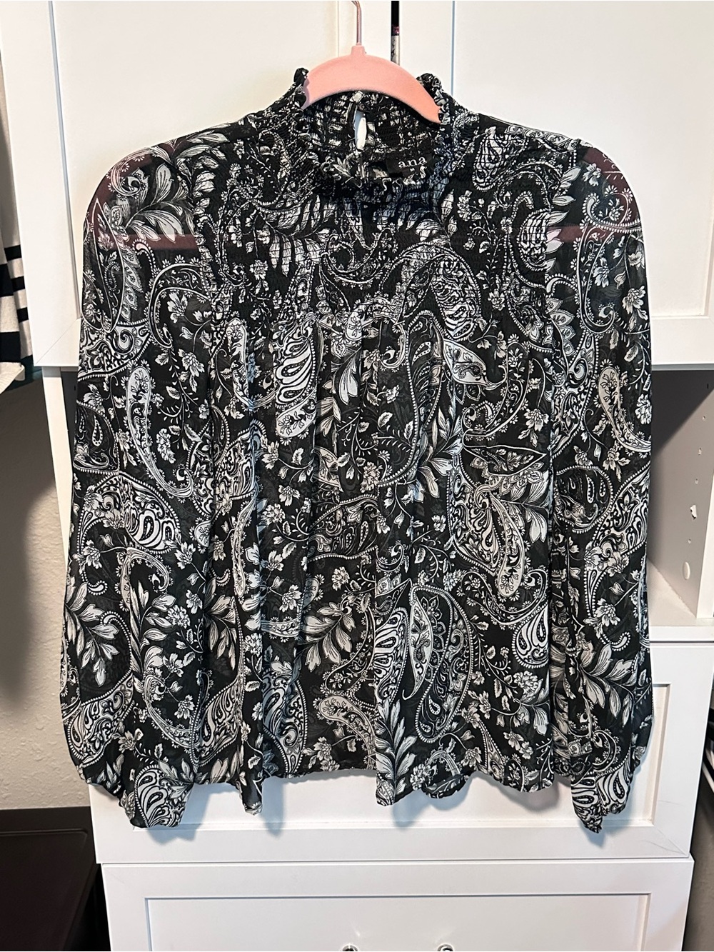 a.n.a. Black Paisley Smocked Mock Neck Long Sleeve Blouse Size M